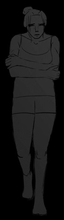 An image of a woman drawn in gray, walking through a completely black void. She looks distraught, her arms are wrapped around her torso in an attempt to comfort herself.