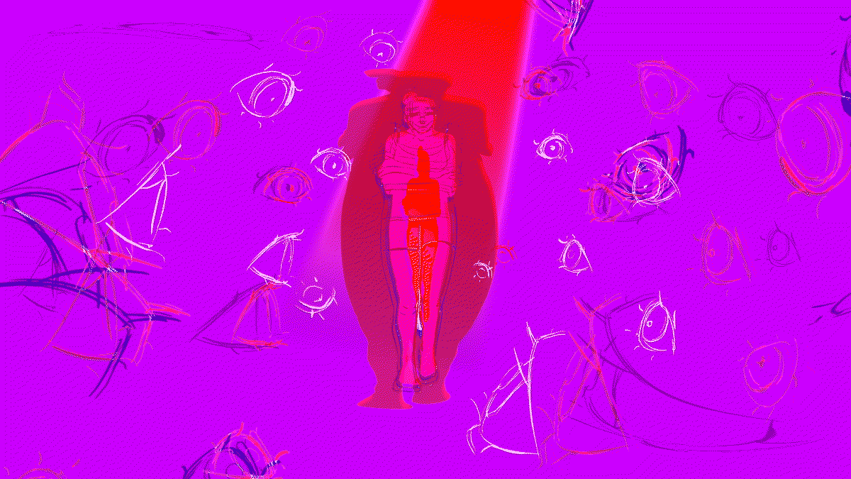 An image of the same distraught woman, this time walking through a pink void, with phantom eyes appearing all around her and staring at her. Her body is morphing in and out as a red spotlight illuminates her from above.