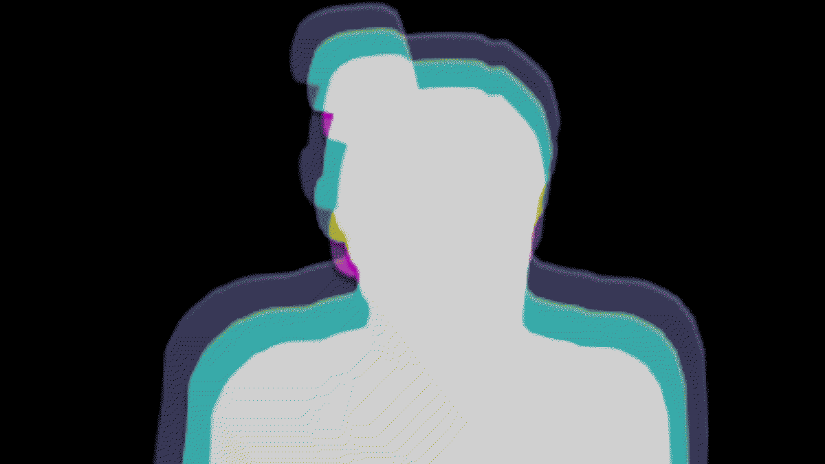 A close-up shot of the same woman, framing her from shoulders up. She is now completely white with no outlines, separated into several forms via chromatic aberration.